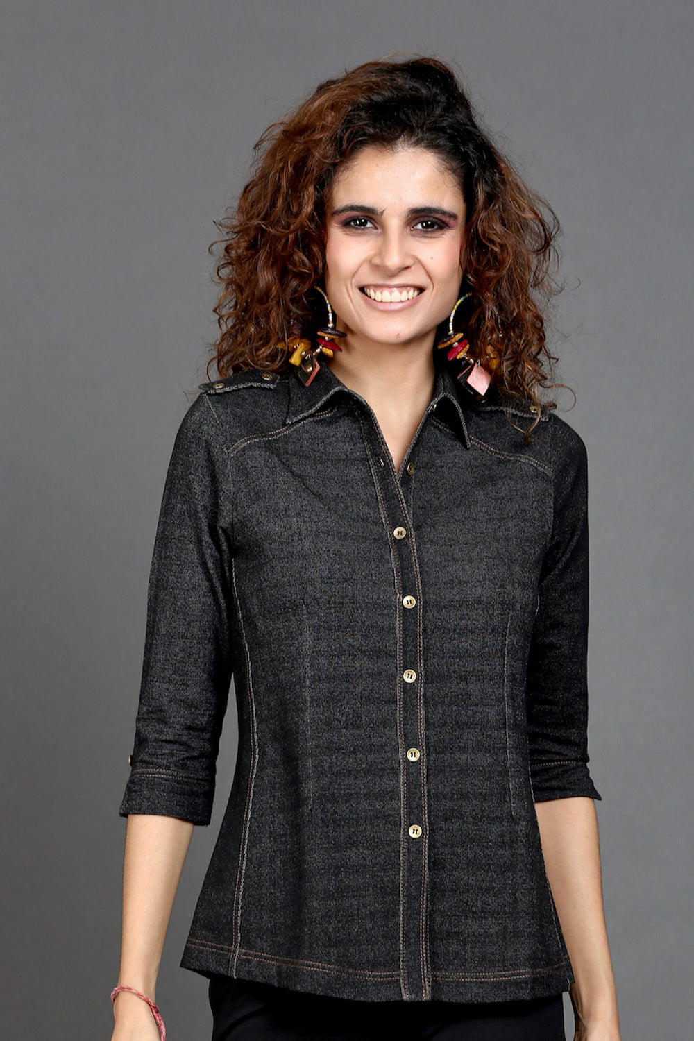 Charcoal Black Denim-Look Stretch Shirt