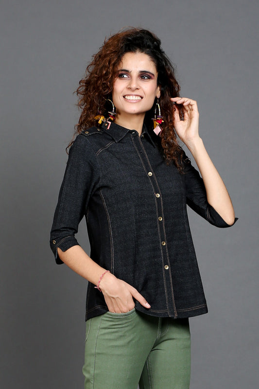 Charcoal Black Denim-Look Stretch Shirt
