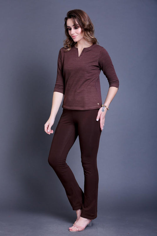 Coffee Brown Bootleg Stretch Pants with Zipped Side Pocket