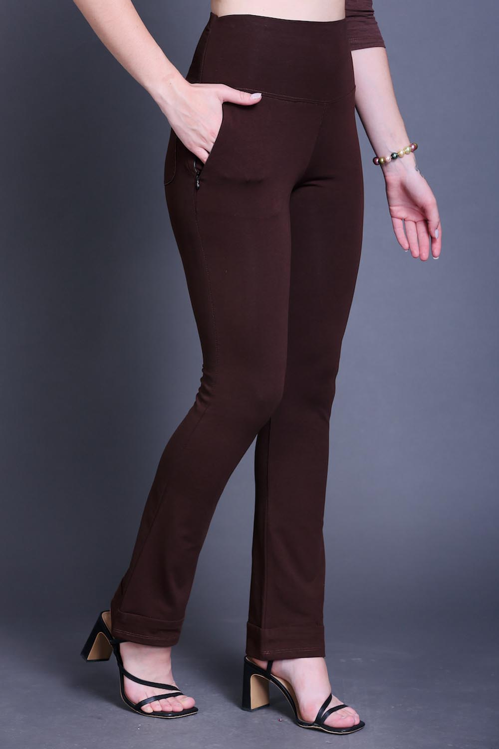 Coffee Brown Bootleg Stretch Pants with Zipped Side Pocket