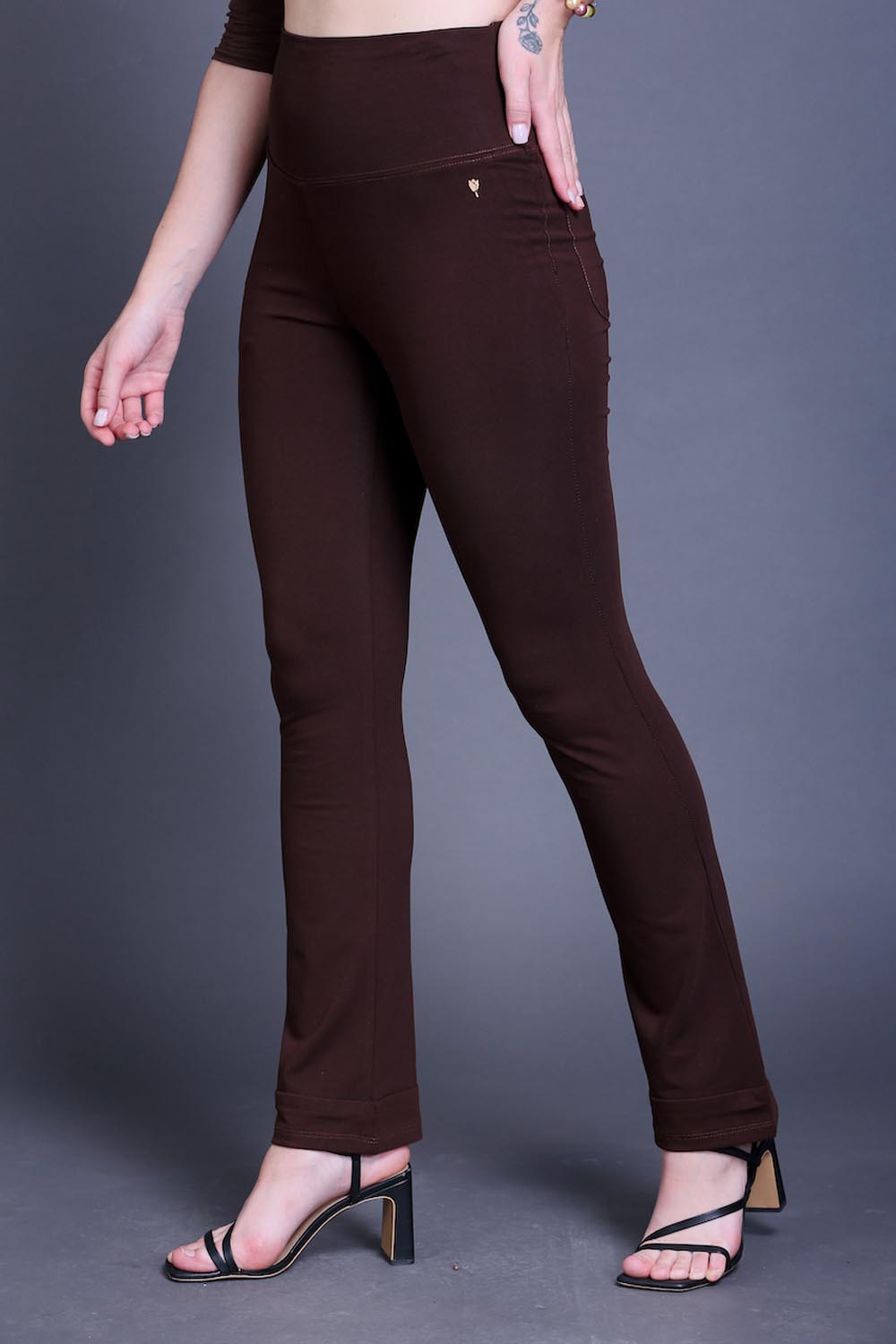 Coffee Brown Bootleg Stretch Pants with Zipped Side Pocket