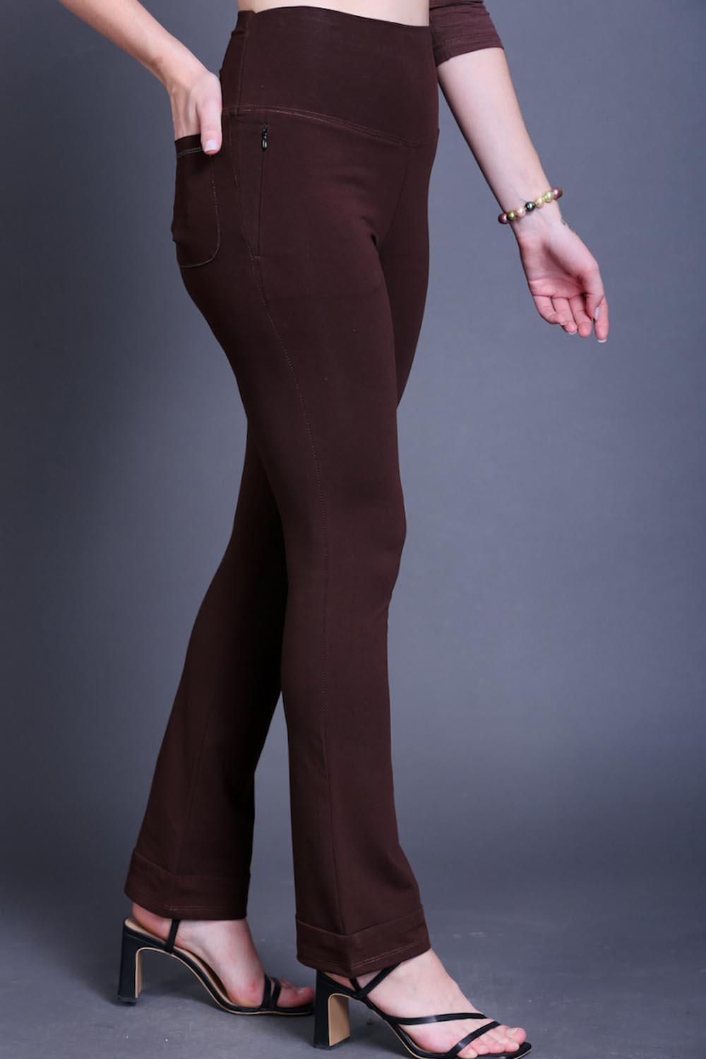 Coffee Brown Bootleg Stretch Pants with Zipped Side Pocket