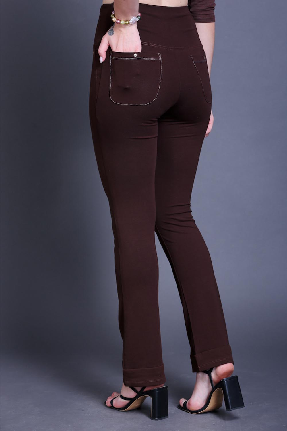 Coffee Brown Bootleg Stretch Pants with Zipped Side Pocket
