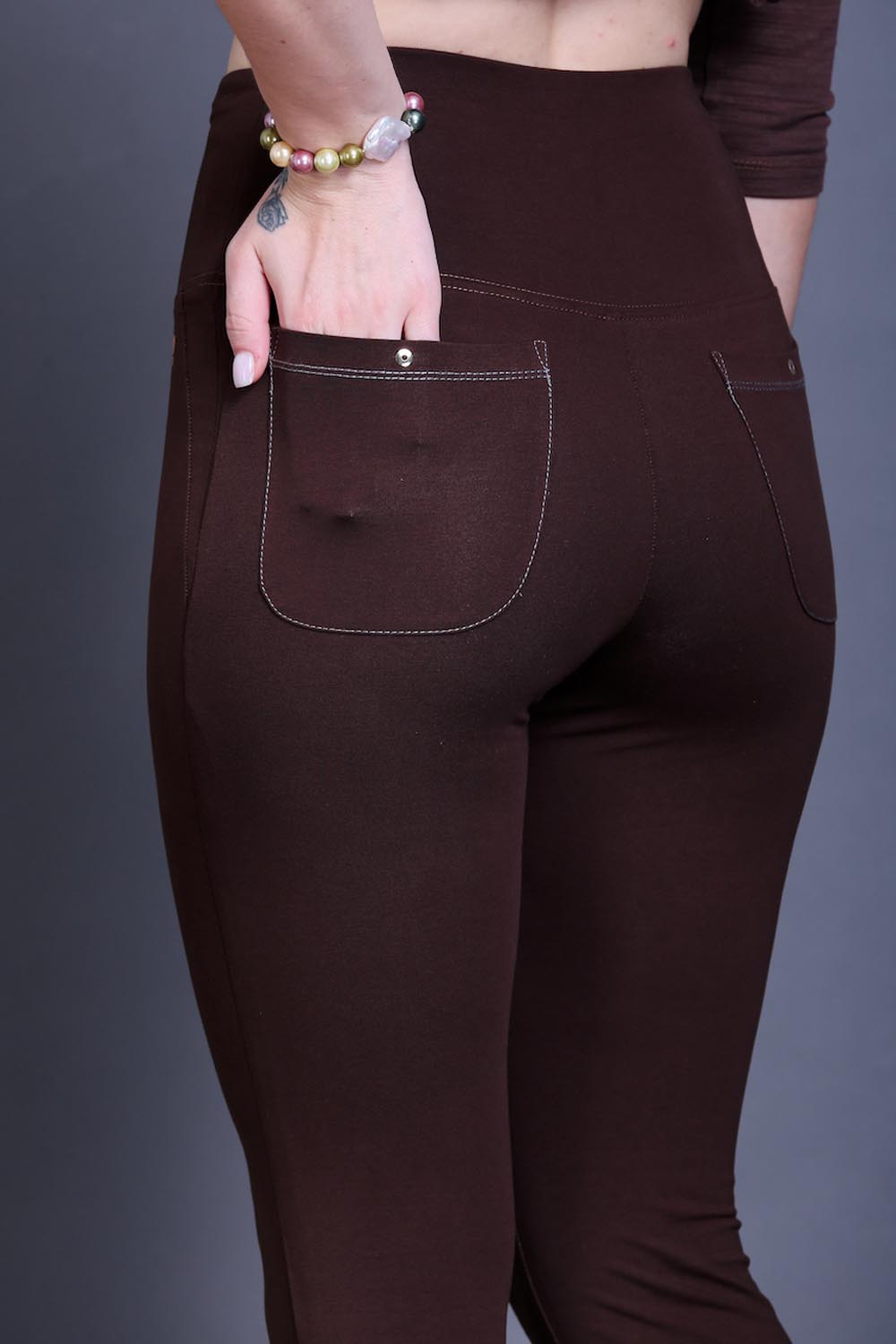 Coffee Brown Bootleg Stretch Pants with Zipped Side Pocket