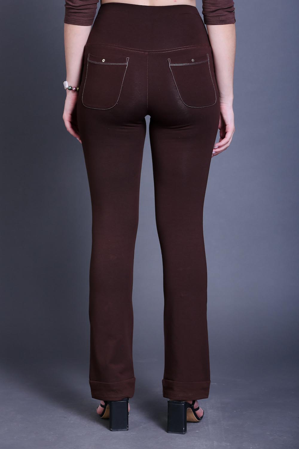 Coffee Brown Bootleg Stretch Pants with Zipped Side Pocket