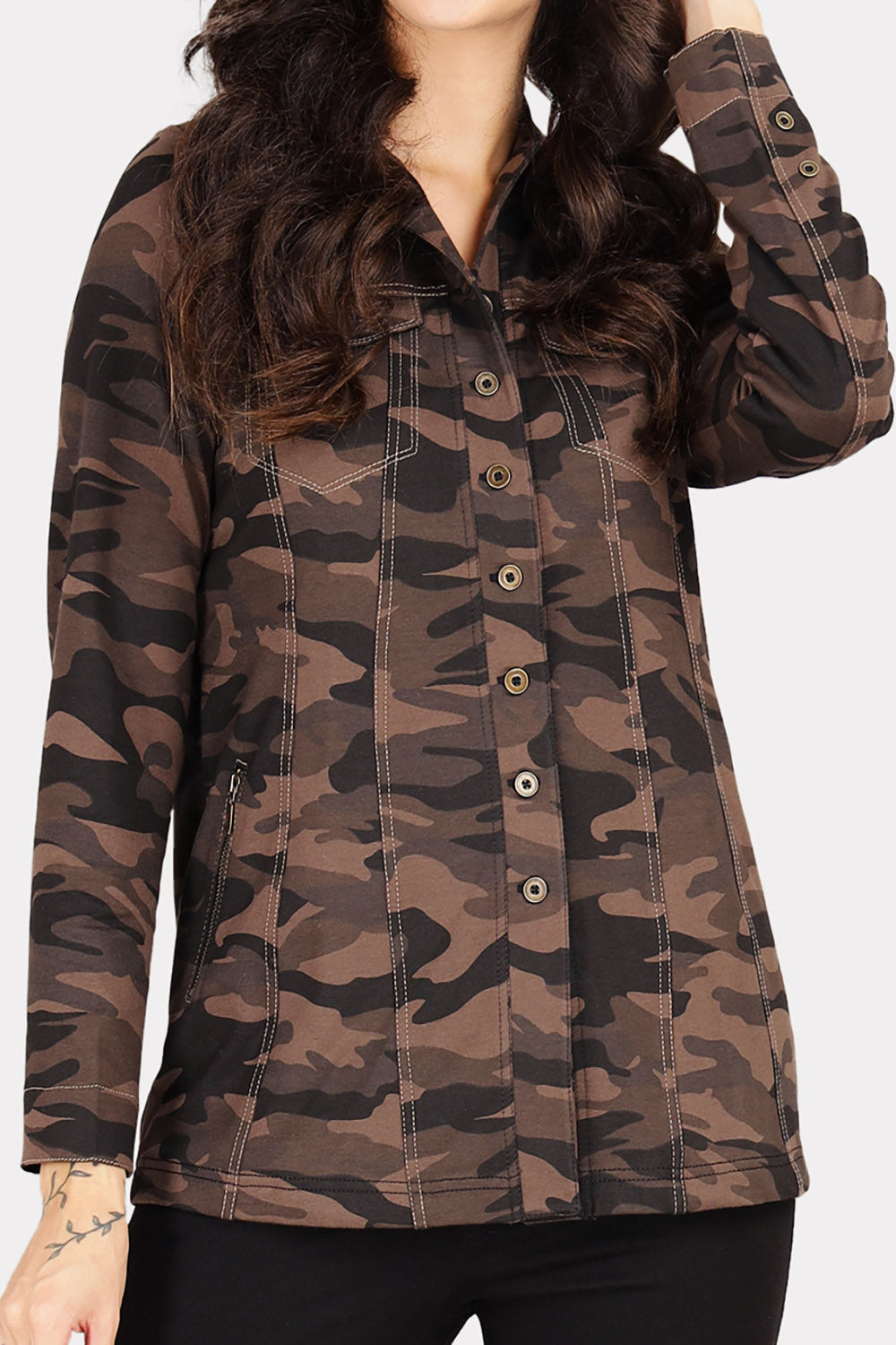 Grey Camouflage Stretch Jacket Shirt with Zipped Pockets