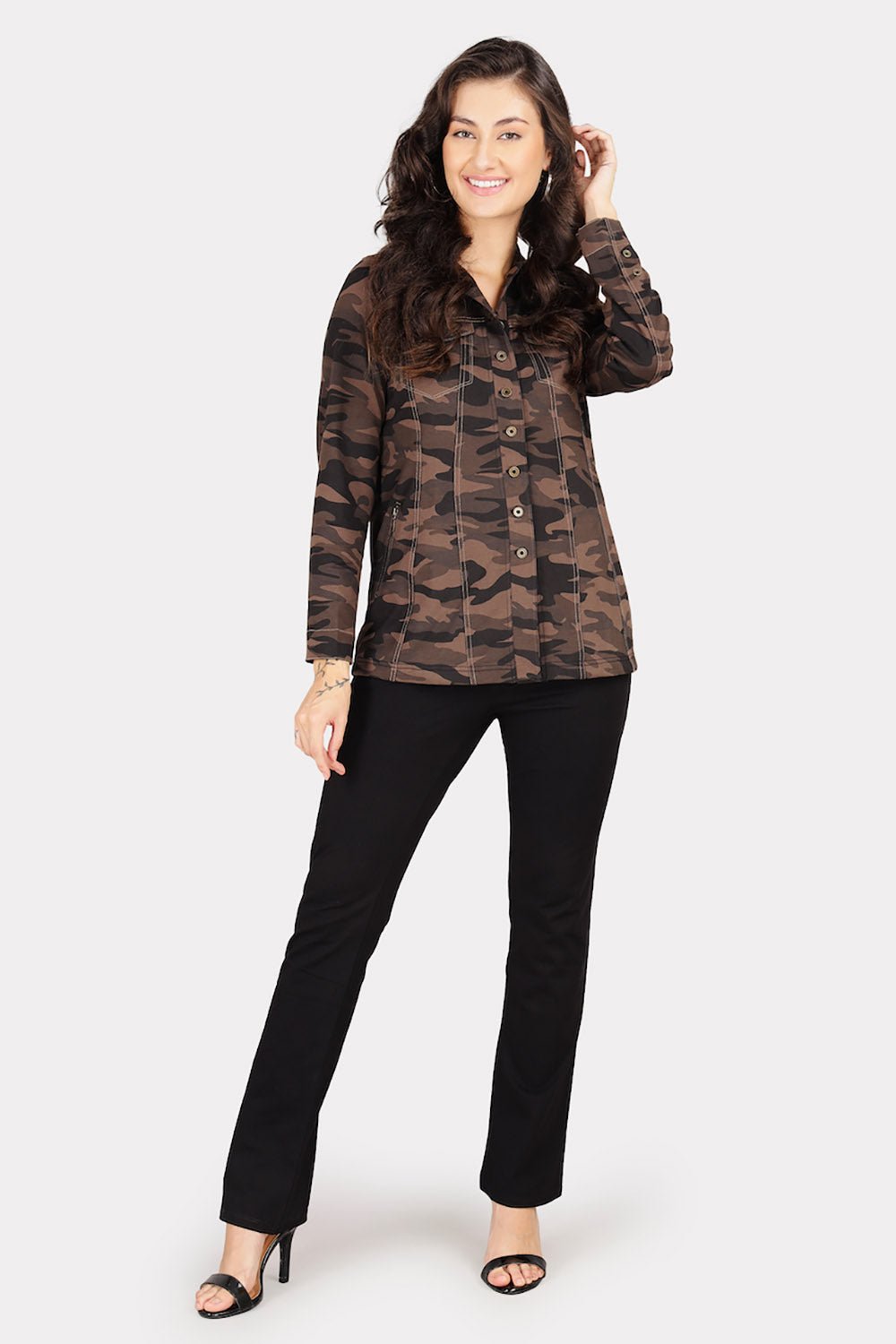 Grey Camouflage Stretch Jacket Shirt with Zipped Pockets