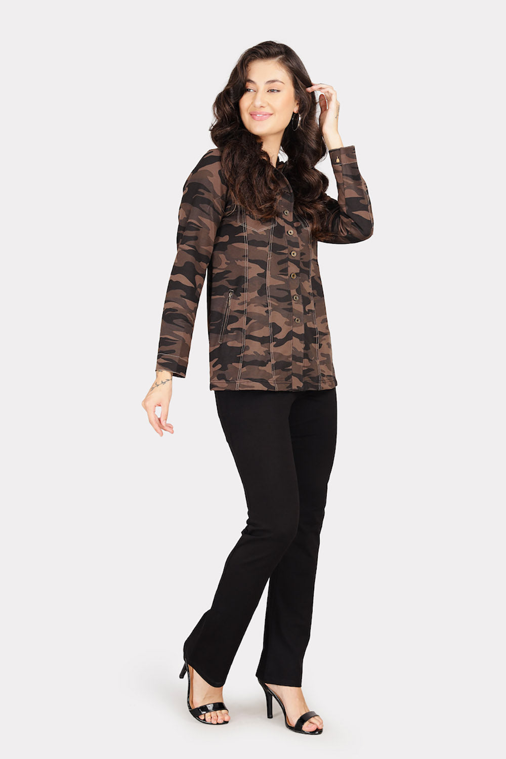 Grey Camouflage Stretch Jacket Shirt with Zipped Pockets