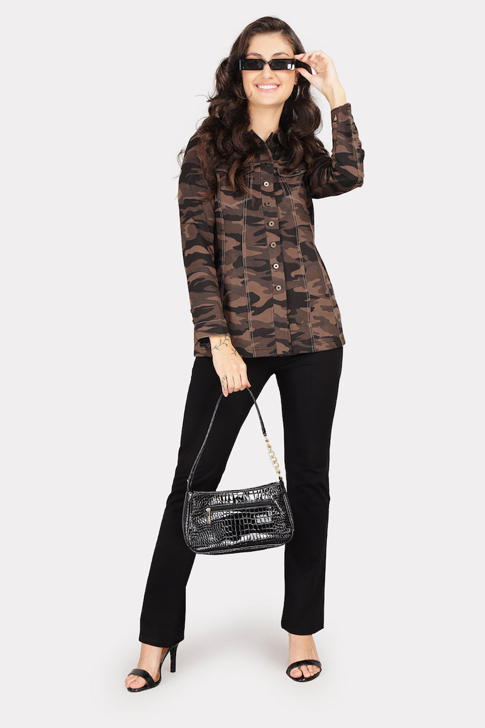 Grey Camouflage Stretch Jacket Shirt with Zipped Pockets