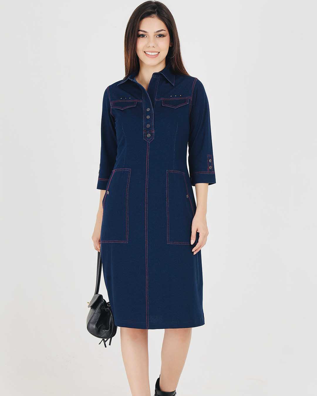 Denim Indigo Collar Dress With Red Threadwork