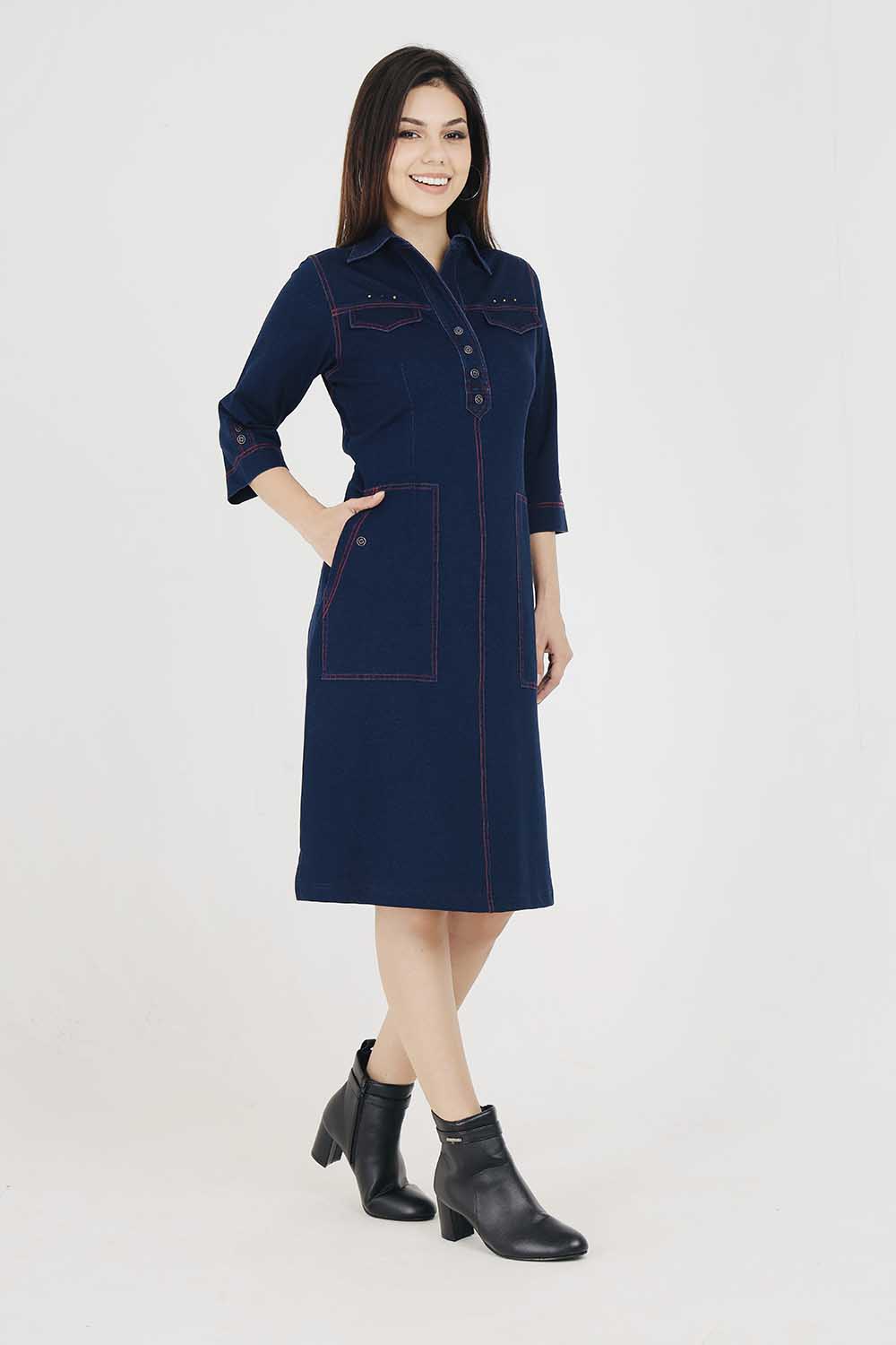 Denim Indigo Collar Dress With Red Threadwork