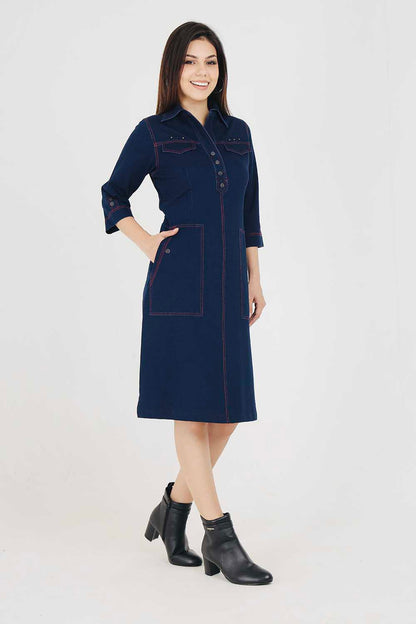 Denim Indigo Collar Dress With Red Threadwork