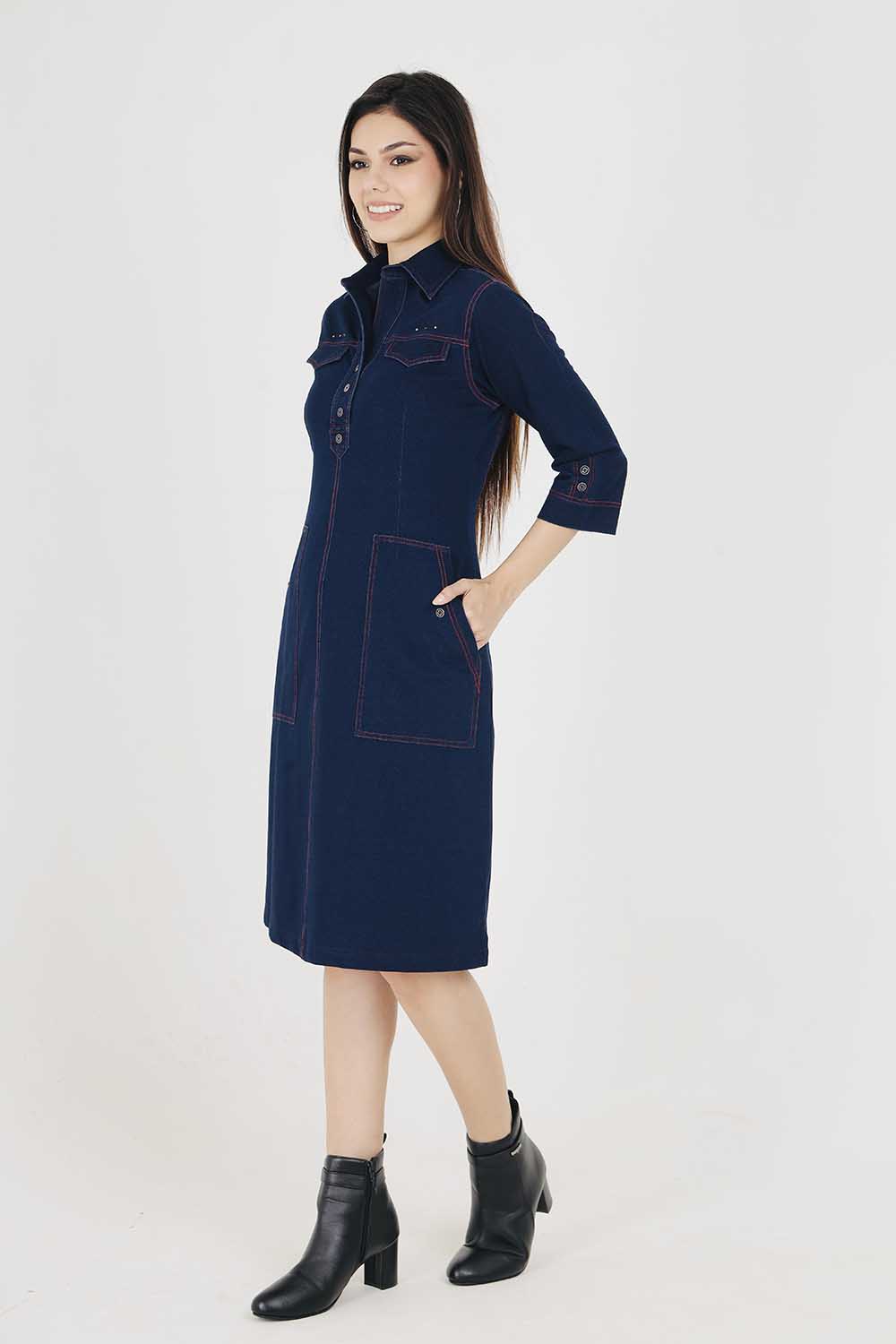 Denim Indigo Collar Dress With Red Threadwork