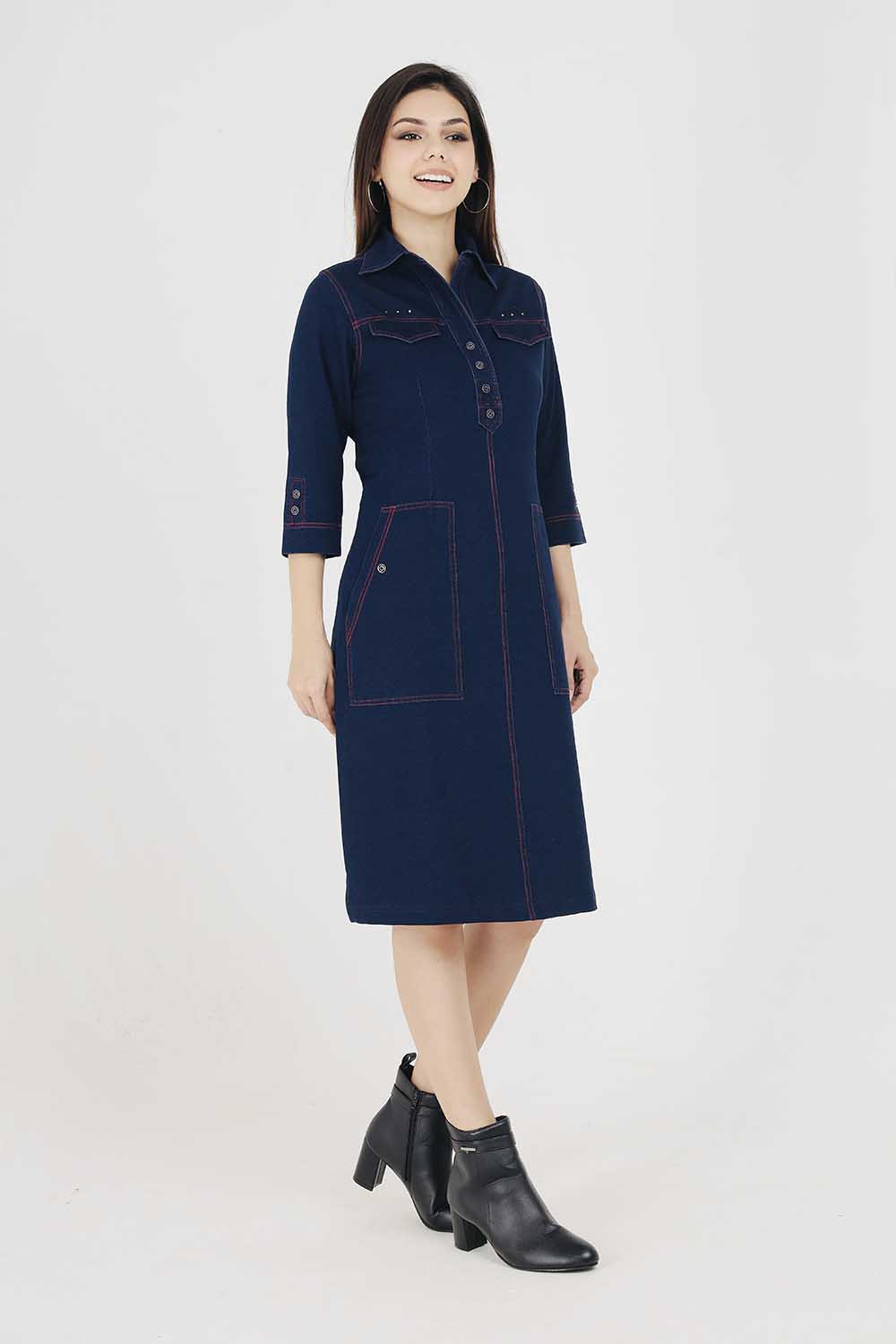 Denim Indigo Collar Dress With Red Threadwork