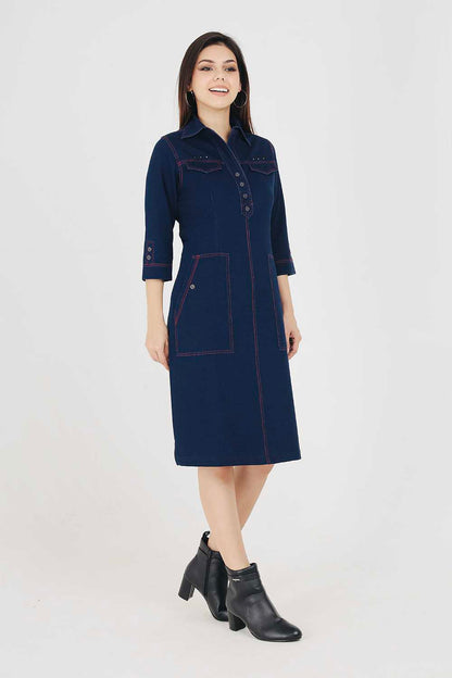 Denim Indigo Collar Dress With Red Threadwork