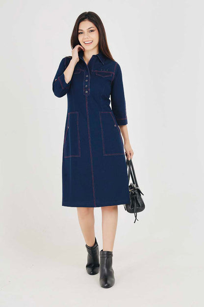 Denim Indigo Collar Dress With Red Threadwork
