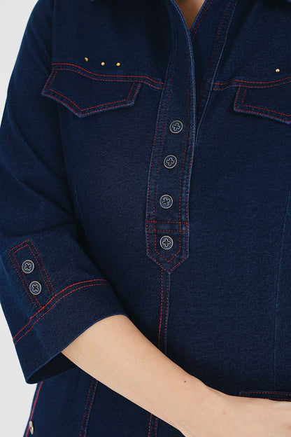 Denim Indigo Collar Dress With Red Threadwork