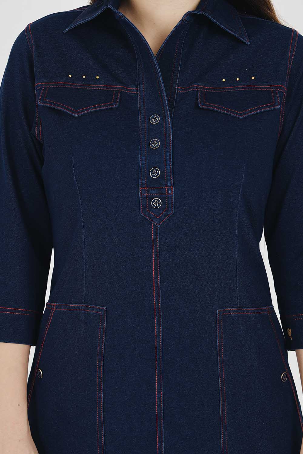 Denim Indigo Collar Dress With Red Threadwork