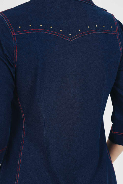 Denim Indigo Collar Dress With Red Threadwork