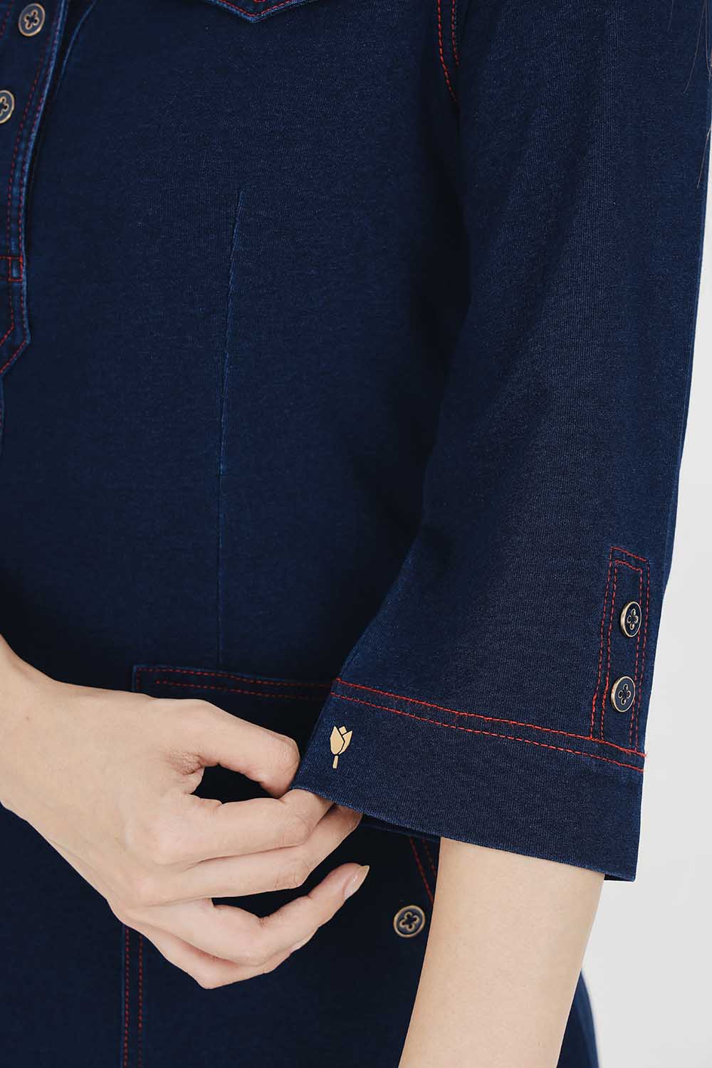 Denim Indigo Collar Dress With Red Threadwork