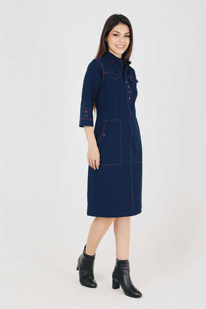 Denim Indigo Collar Dress With Red Threadwork