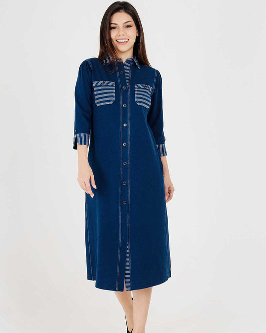 Denim Indigo Collar Dress With White Stripe