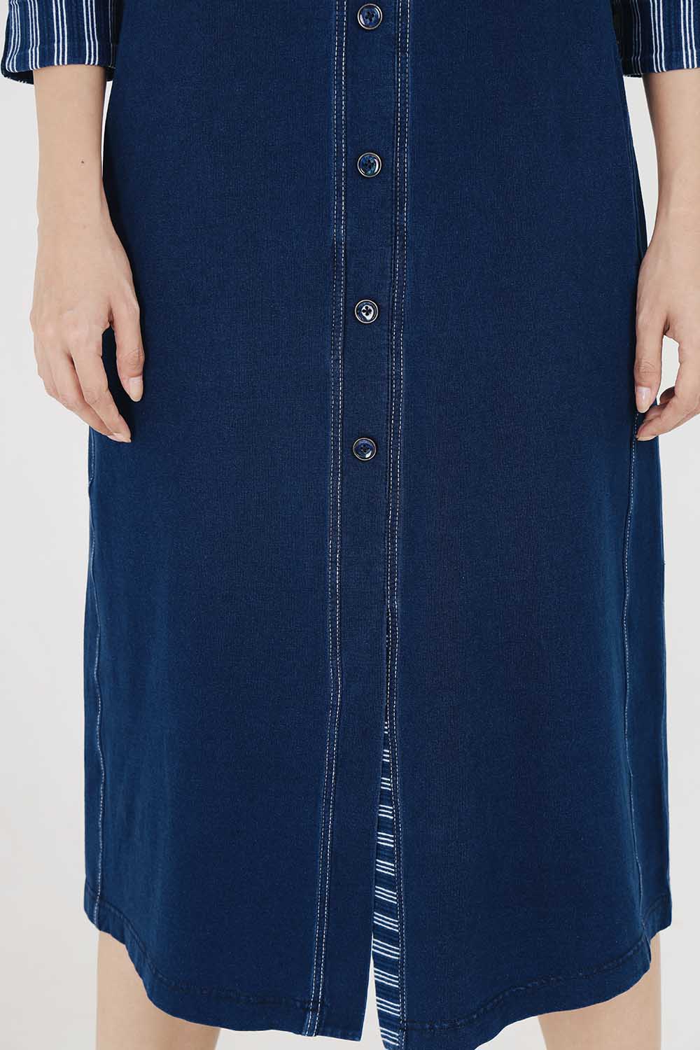 Denim Indigo Collar Dress With White Stripe