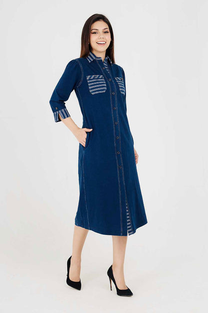 Denim Indigo Collar Dress With White Stripe