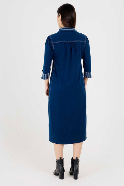 Denim Indigo Collar Dress With White Stripe
