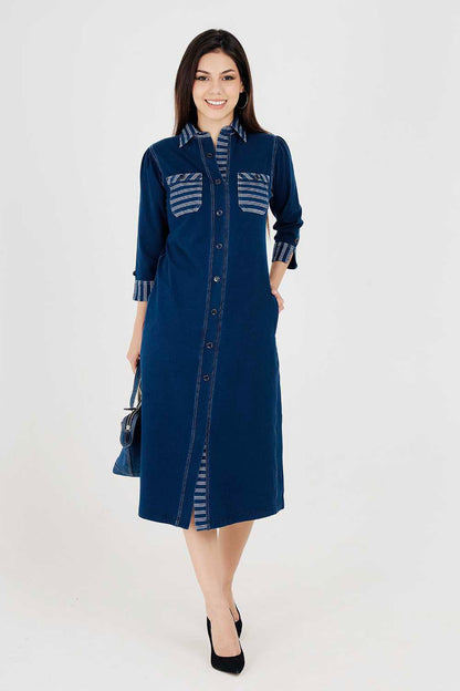 Denim Indigo Collar Dress With White Stripe