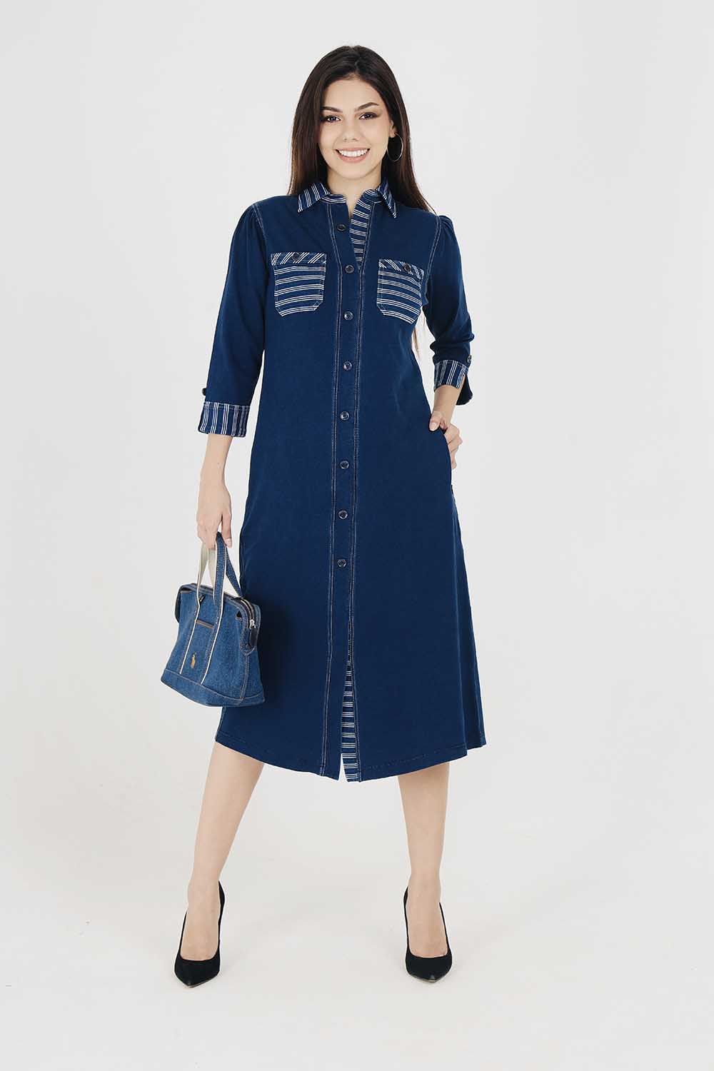 Denim Indigo Collar Dress With White Stripe