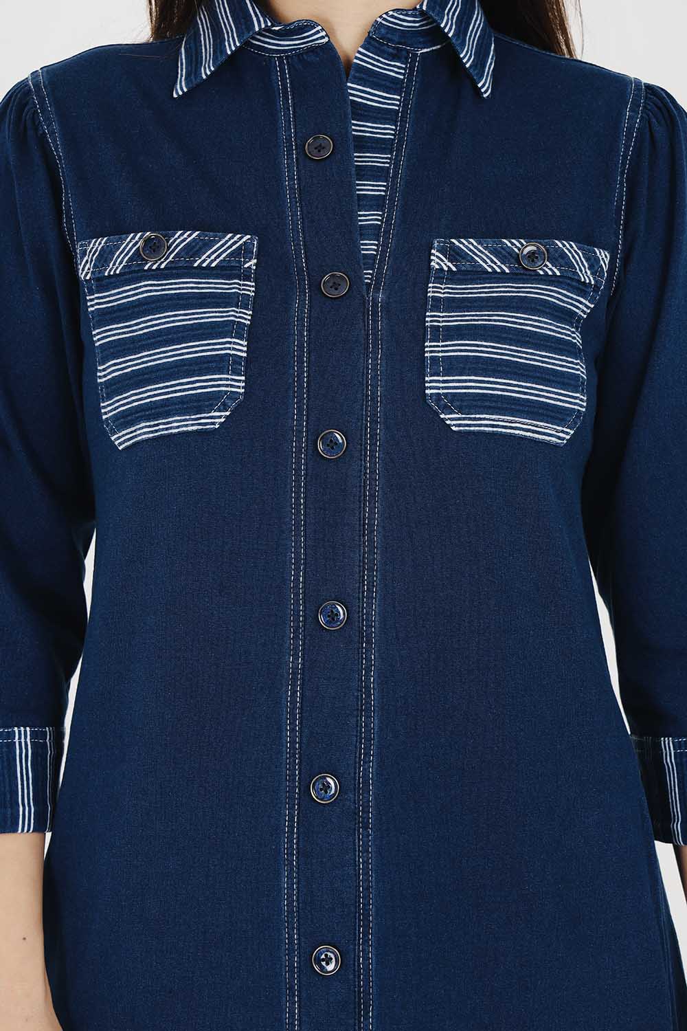 Denim Indigo Collar Dress With White Stripe
