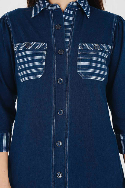 Denim Indigo Collar Dress With White Stripe