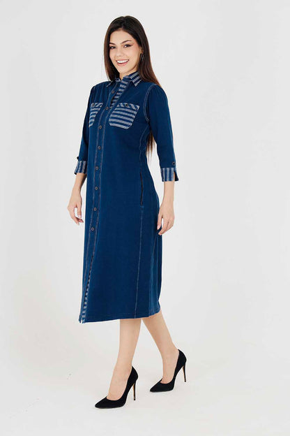 Denim Indigo Collar Dress With White Stripe