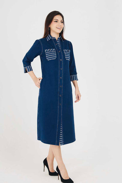 Denim Indigo Collar Dress With White Stripe