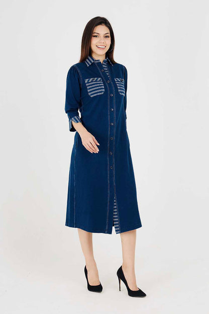 Denim Indigo Collar Dress With White Stripe