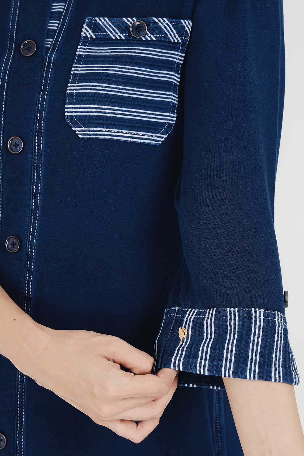 Denim Indigo Collar Dress With White Stripe