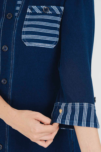Denim Indigo Collar Dress With White Stripe