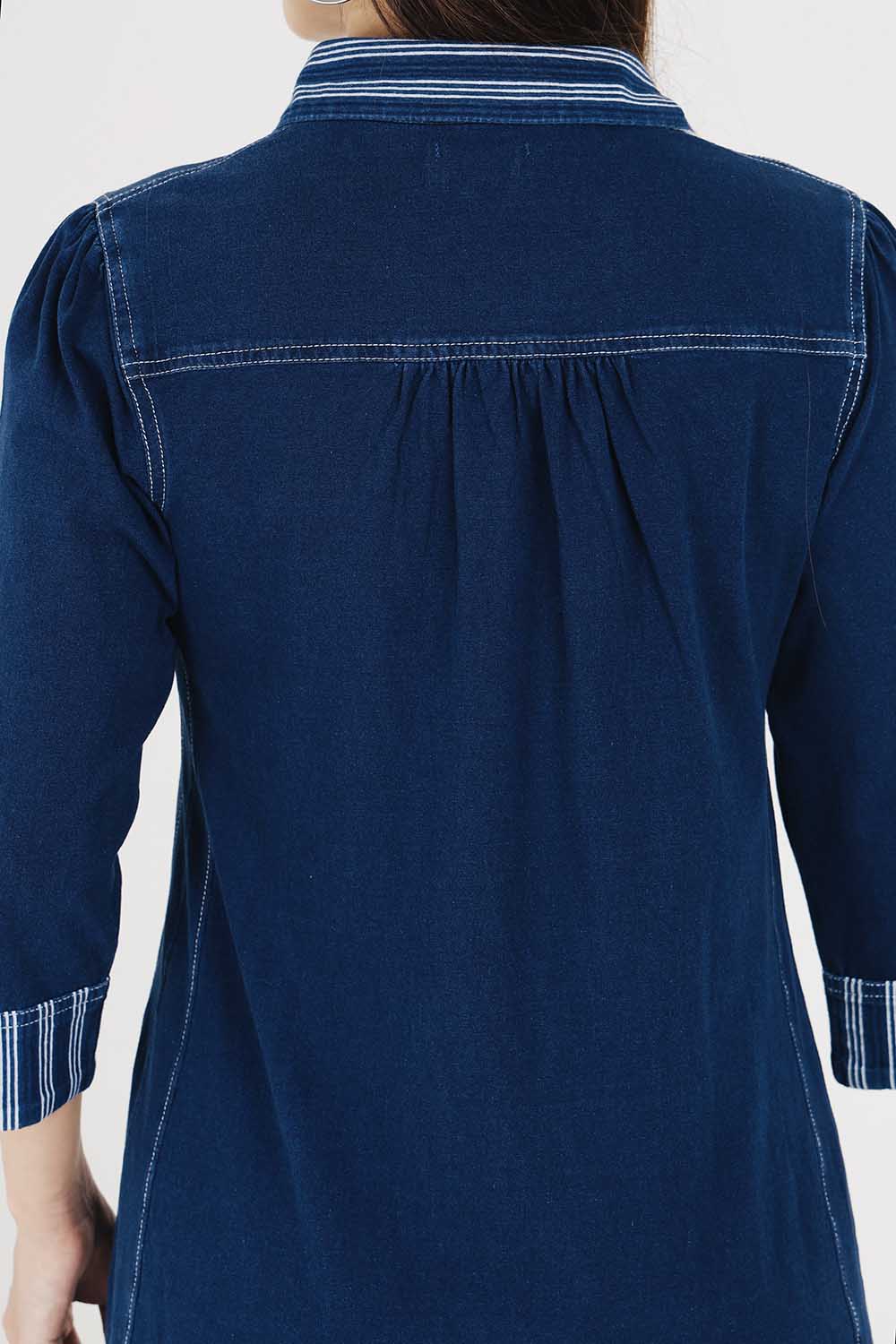 Denim Indigo Collar Dress With White Stripe