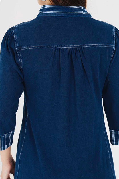 Denim Indigo Collar Dress With White Stripe