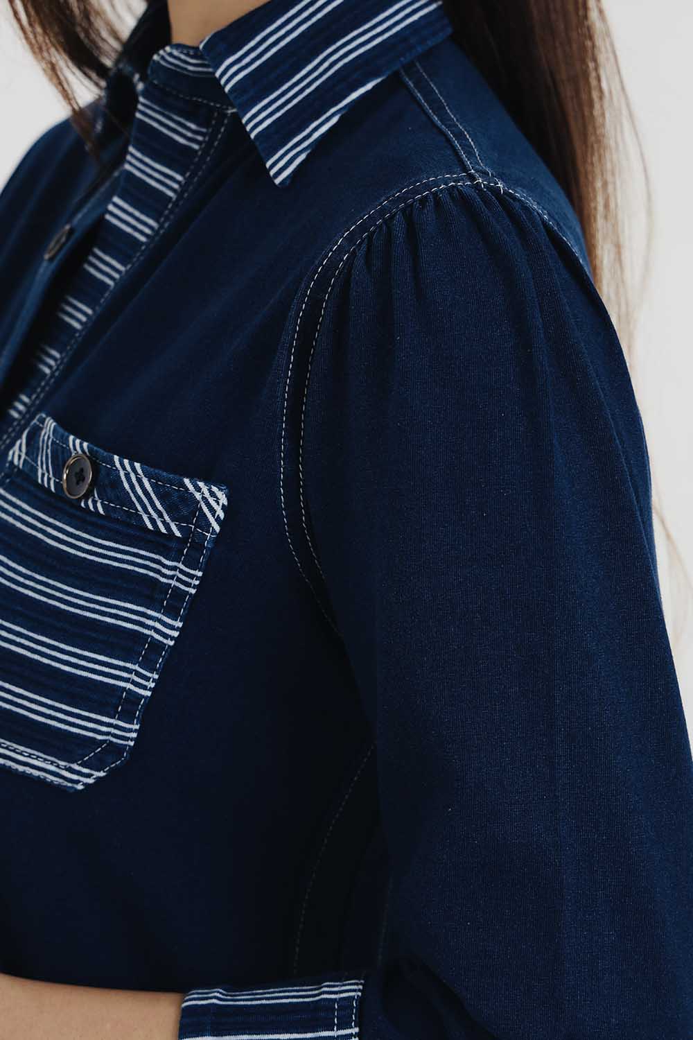 Denim Indigo Collar Dress With White Stripe