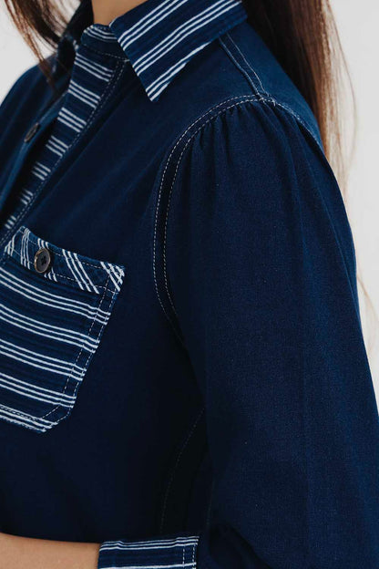 Denim Indigo Collar Dress With White Stripe