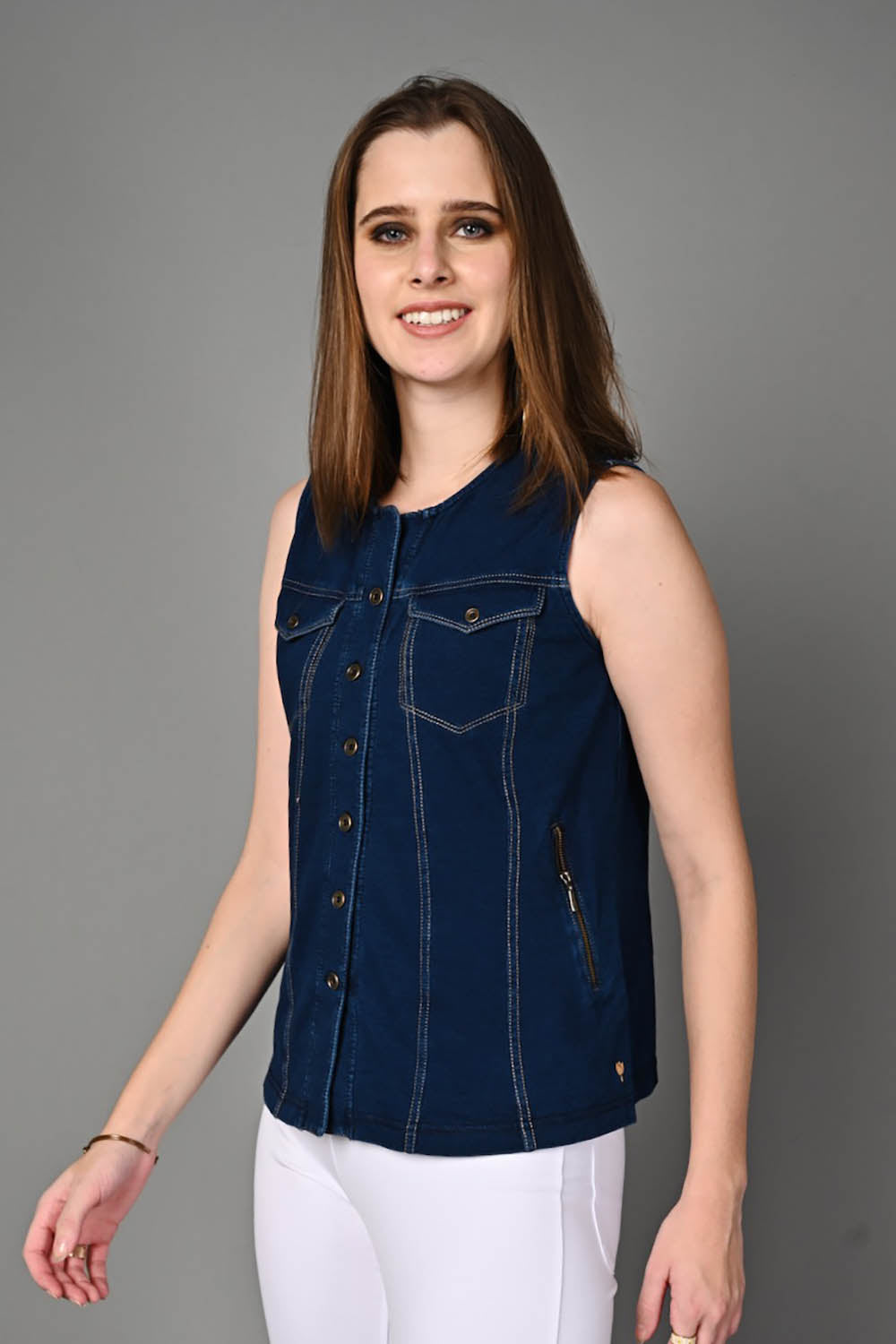 Sleeveless Stretch Indigo Denim Jacket Top