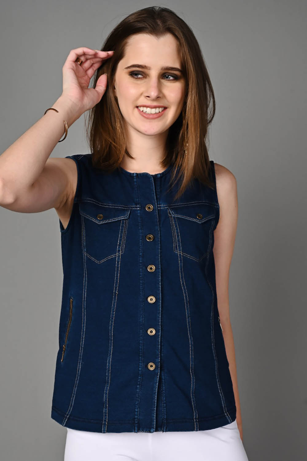 Sleeveless Stretch Indigo Denim Jacket Top