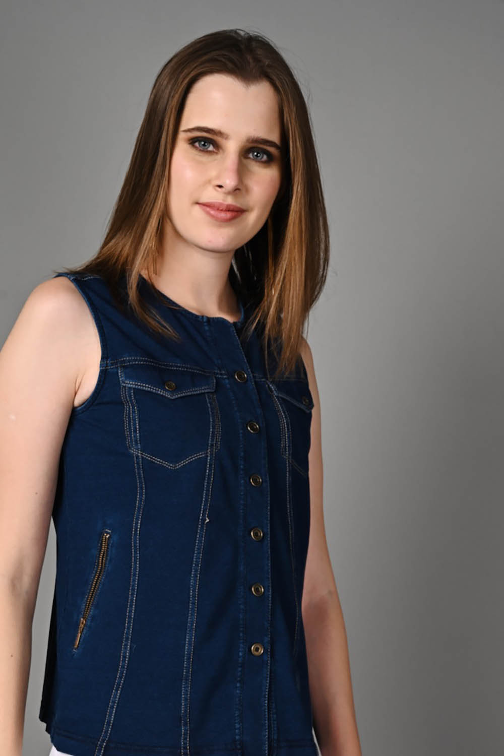 Sleeveless Stretch Indigo Denim Jacket Top