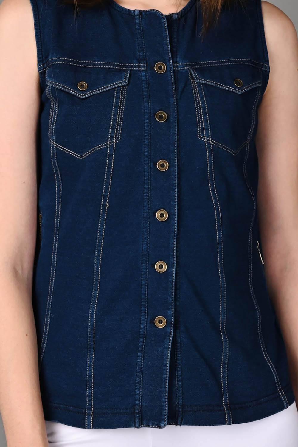 Sleeveless Stretch Indigo Denim Jacket Top