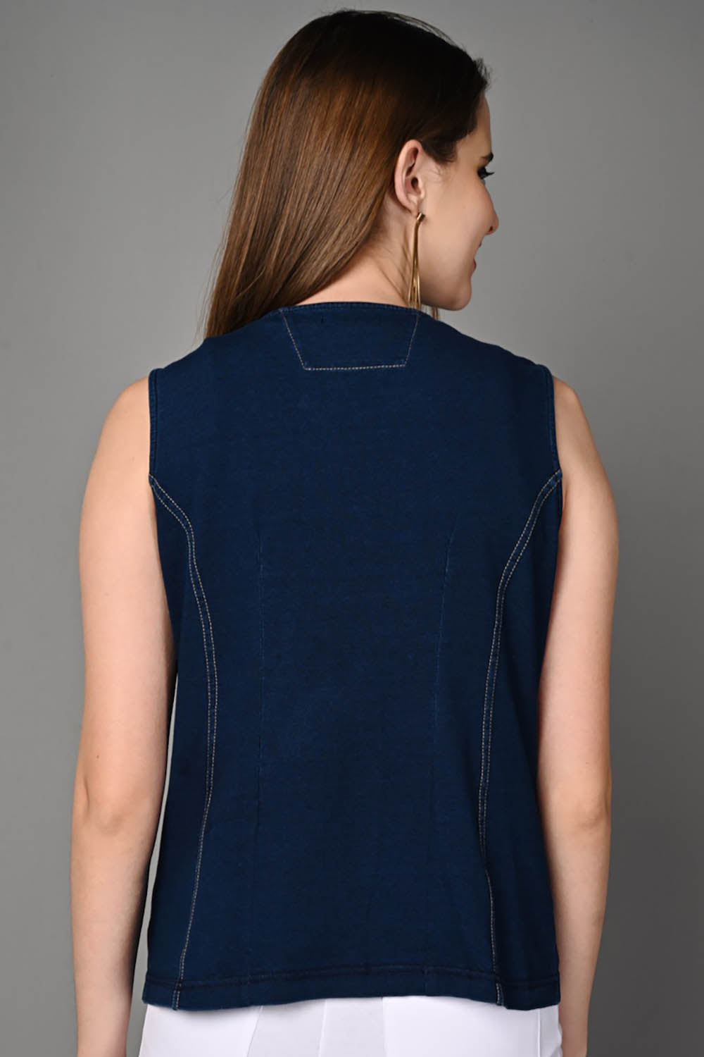 Sleeveless Stretch Indigo Denim Jacket Top