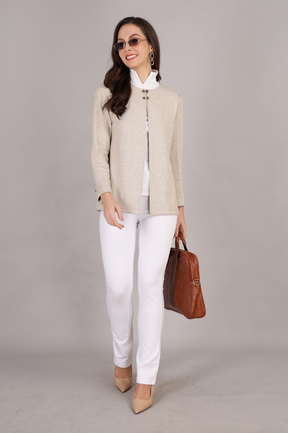 Beige Stretch Velvet Round Collar Open Jacket