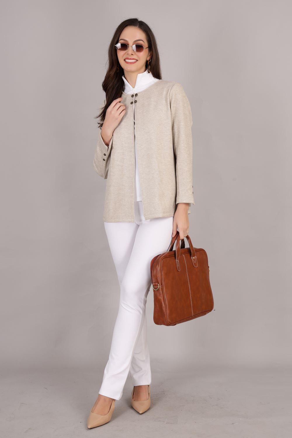 Beige Stretch Velvet Round Collar Open Jacket