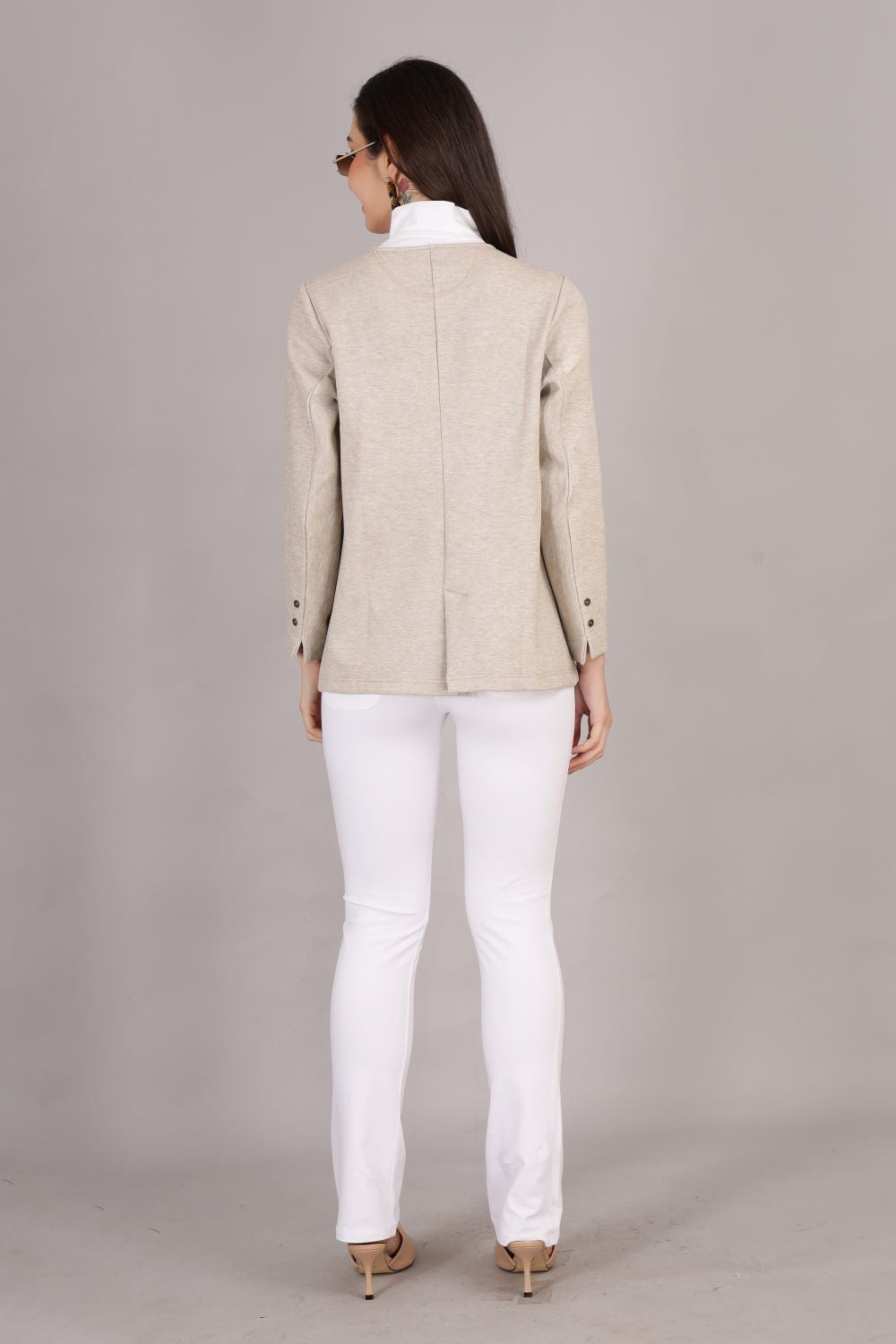 Beige Stretch Velvet Round Collar Open Jacket